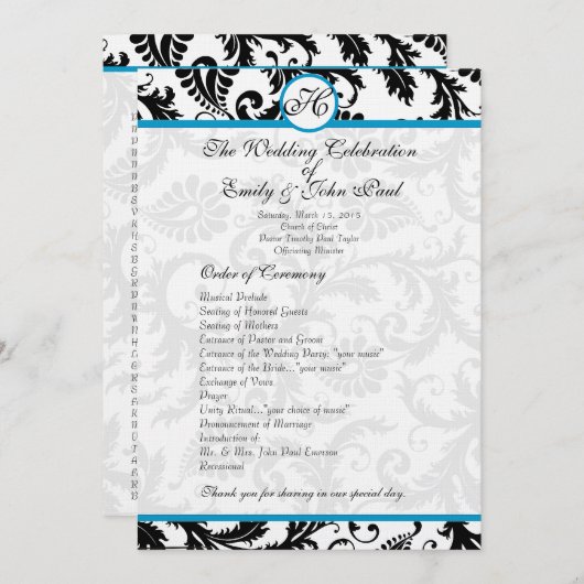 Aqua Trim Black Damask Wedding Program Programmakaart (Voorkant / Achterkant)
