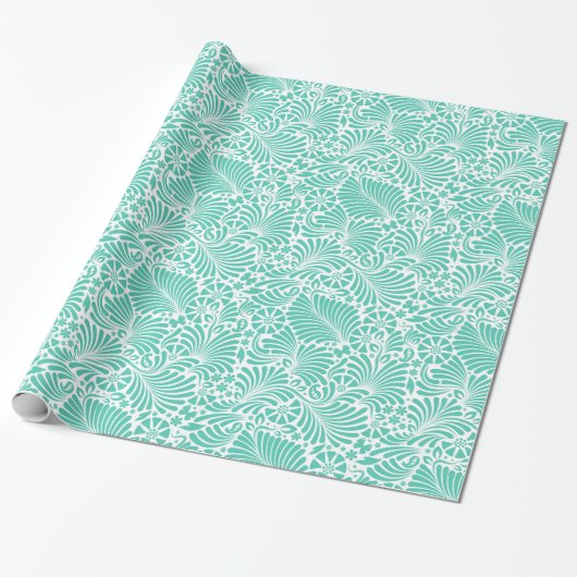 Aqua Tropical Floral Modern Damask Cadeaupapier (Uitgerold)