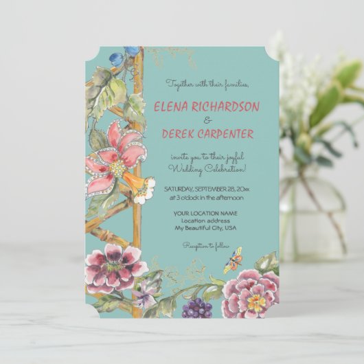Aqua Tropical Floral Oriental Chinoiserie Wedding Kaart (Staand voorkant)