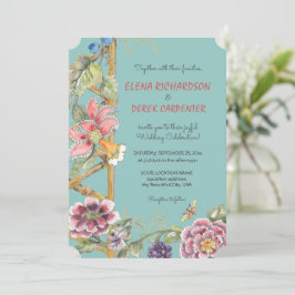 Aqua Tropical Floral Oriental Chinoiserie Wedding Kaart