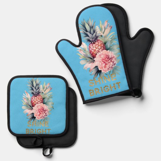 Aqua Tropical Gold Glitter Shine Pineapple Ovenwant & Pannenlap Set (Voorkant / Achterkant)