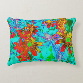 Aqua Tropisch met Gele en Oranje Bloemen Accent Kussen