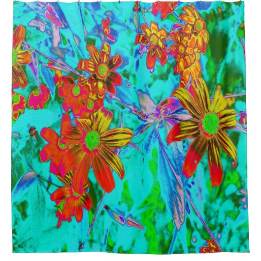 Aqua Tropisch met Gele en Oranje Bloemen Douchegordijn (Voorkant)