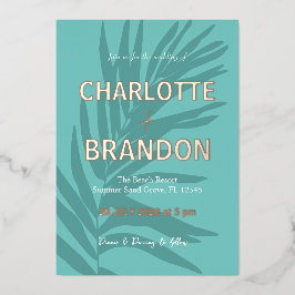 Aqua tropische palmblad bruiloft folie uitnodiging