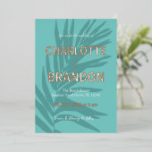 Aqua tropische palmblad bruiloft folie uitnodiging (Staand Voorkant)