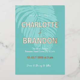 Aqua tropische palmblad bruiloft folie uitnodiging