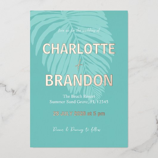Aqua tropische palmblad bruiloft folie uitnodiging (Voorkant)