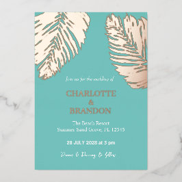 Aqua tropische palmblad bruiloft goud folie uitnodiging