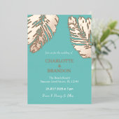 Aqua tropische palmblad bruiloft goud folie uitnodiging (Staand Voorkant)