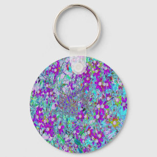 Aqua Tuin met Paarsblauw en Heet Roze Bloemen Sleutelhanger