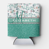 Aqua Turqoise Monogram Bloem Glitter Patroon Blikjeskoeler (Voorkant)