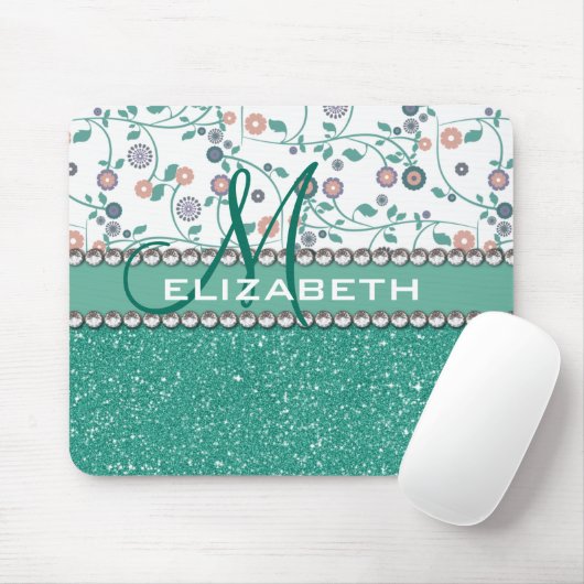 Aqua Turqoise Monogram bloem Muismat (Met muis)