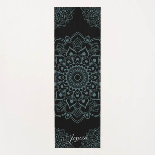 Aqua Turquoise & Black Mandala w Calligraphy Name Yogamat (Voorkant)