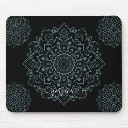 Aqua Turquoise & Black Mandala w Kalligrafie Naam Muismat (Voorkant)