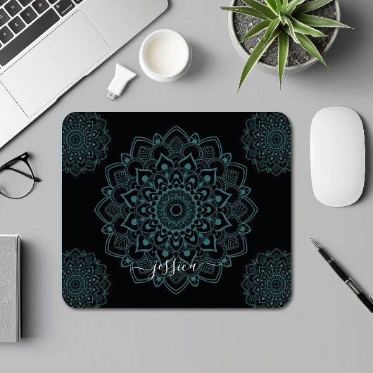 Aqua Turquoise & Black Mandala w Kalligrafie Naam Muismat