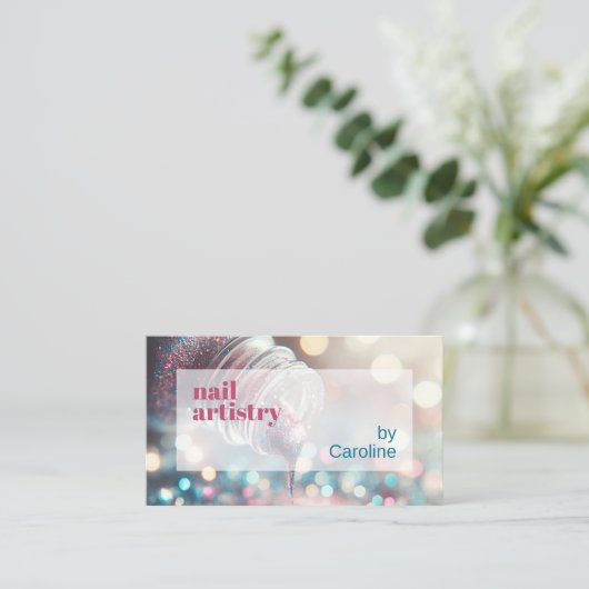 Aqua Turquoise Blauw Heet Roze Glitter Nagellak Visitekaartje (Staand voorkant)