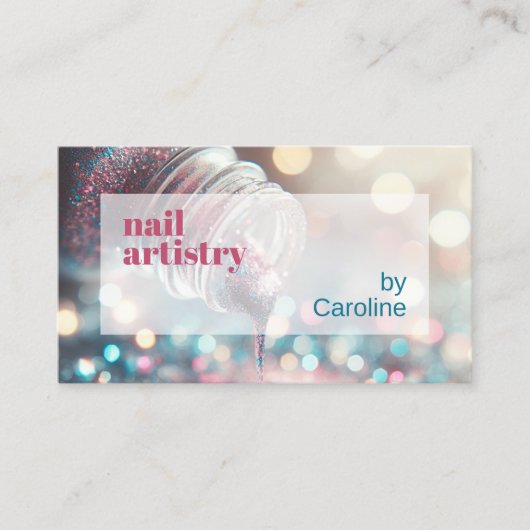 Aqua Turquoise Blauw Heet Roze Glitter Nagellak Visitekaartje (Voorkant)