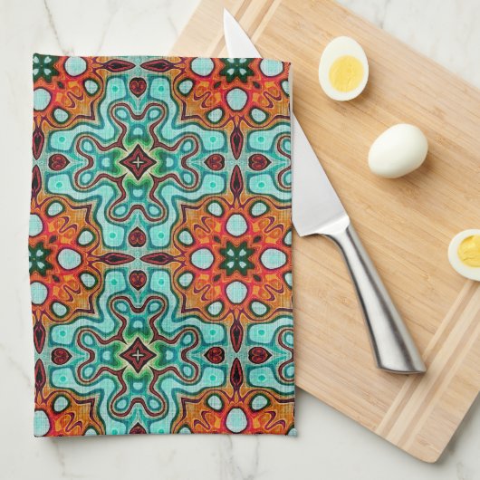Aqua Turquoise Blauw Sinaasappel Rood Bruin Tribe  Theedoek (Quarter Fold)