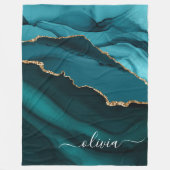 Aqua Turquoise Blauwe Agate Geode Gouden Monogram Fleece Deken (Voorkant)