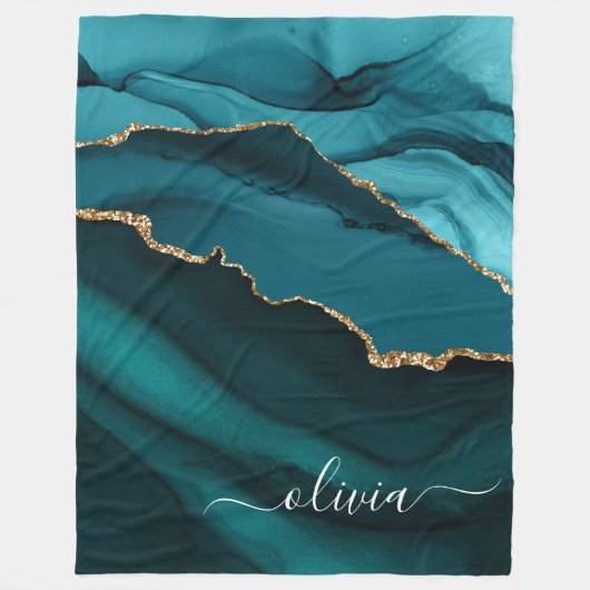 Aqua Turquoise Blauwe Agate Geode Gouden Monogram Fleece Deken (Voorkant)