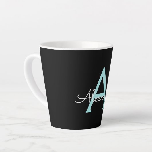 Aqua Turquoise Blauwe Script Meisjesachtige Monogr Latte Mok (Linkerhoek)