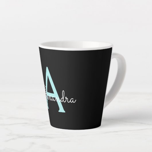 Aqua Turquoise Blauwe Script Meisjesachtige Monogr Latte Mok (Rechterhoek)