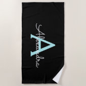 Aqua Turquoise Blauwe Script Meisjesachtige Monogr Strandlaken (Voorkant)