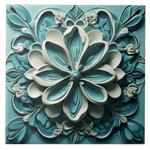 Aqua Turquoise Blauwgroen Faux Relief Bloemenbloem Tegeltje