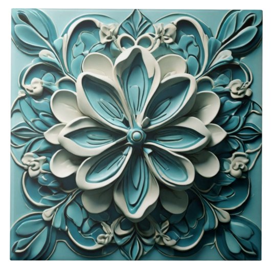 Aqua Turquoise Blauwgroen Faux Relief Bloemenbloem Tegeltje (Voorkant)