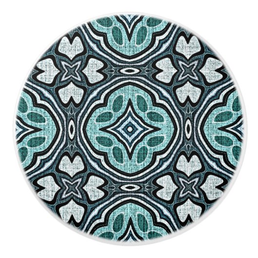 Aqua Turquoise Blauwgroen Grijs Blauw Etnische Sta Keramische Knop (Voorkant)