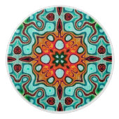 Aqua Turquoise Blauwgroen Oranje Bruin Etnische St Keramische Knop (Voorkant)