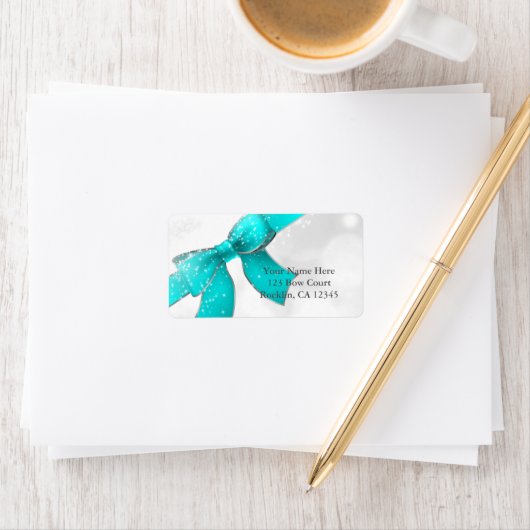Aqua Turquoise Blue Bow & Sparkles Chic Invitation Etiket (Insitu)
