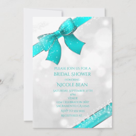 Aqua Turquoise Blue Bow & Sparkles Chic Invitation Kaart (Voorkant)