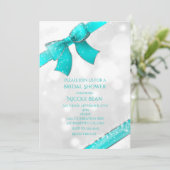 Aqua Turquoise Blue Bow & Sparkles Chic Invitation Kaart (Staand voorkant)
