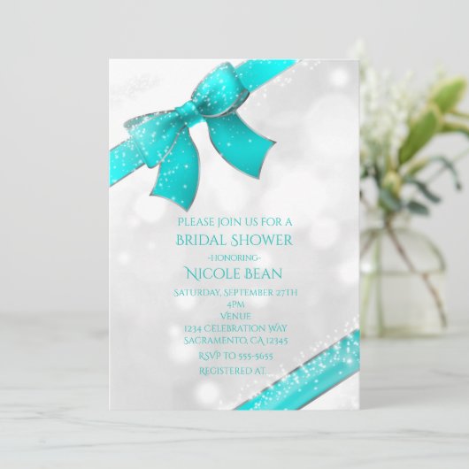 Aqua Turquoise Blue Bow & Sparkles Chic Invitation Kaart (Staand voorkant)