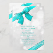 Aqua Turquoise Blue Bow & Sparkles Chic Invitation Kaart (Voorkant / Achterkant)