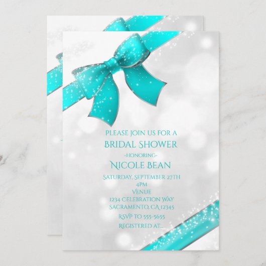 Aqua Turquoise Blue Bow & Sparkles Chic Invitation Kaart (Voorkant / Achterkant)