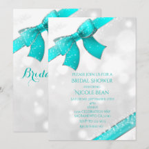 Aqua Turquoise Blue Bow & Sparkles Chic Invitation