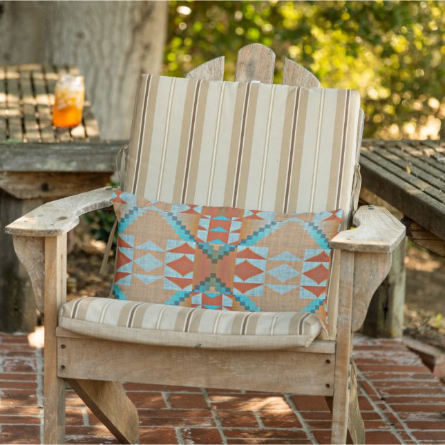 Aqua Turquoise Blue Oranje Brown Tribal Pattern Buitenkussen (Stoel)