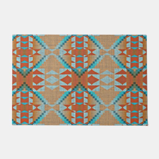 Aqua Turquoise Blue Oranje Brown Tribal Pattern Deurmat (Voorkant)