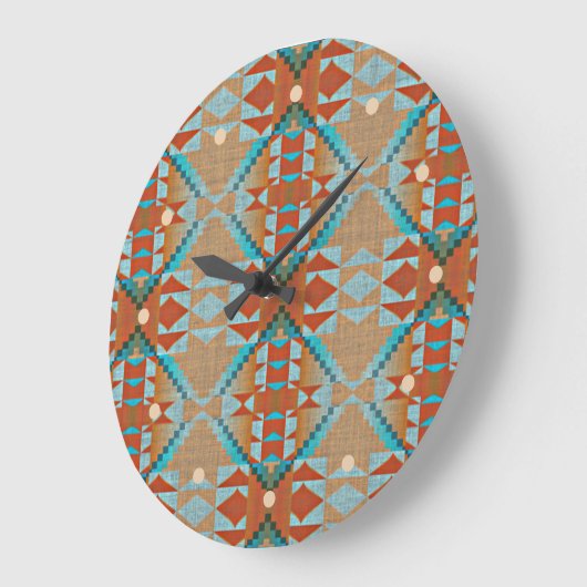 Aqua Turquoise Blue Oranje Brown Tribal Pattern Grote Klok (Hoek)