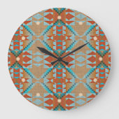 Aqua Turquoise Blue Oranje Brown Tribal Pattern Grote Klok (Voorkant)