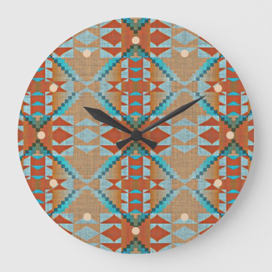Aqua Turquoise Blue Oranje Brown Tribal Pattern Grote Klok (Voorkant)