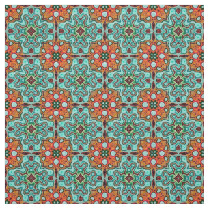Aqua Turquoise Blue Oranje Red Brown Orient Art Stof