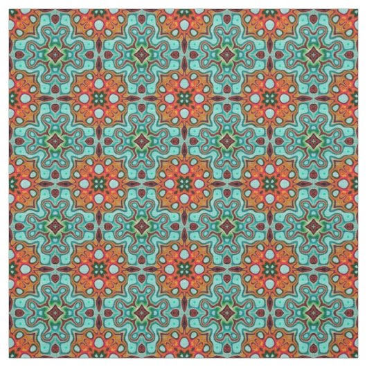 Aqua Turquoise Blue Oranje Red Brown Orient Art Stof (Swatch)