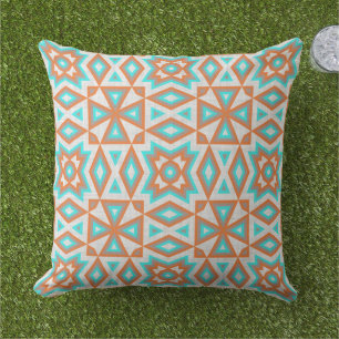 Aqua Turquoise Blue Oranje White Tribal Art Buitenkussen