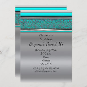 Aqua Turquoise Blue & Silver Sweet 16 Uitnodiginge Kaart
