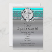 Aqua Turquoise Blue & Silver Sweet 16 Uitnodiginge Kaart (Voorkant)
