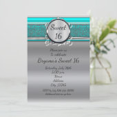 Aqua Turquoise Blue & Silver Sweet 16 Uitnodiginge Kaart (Staand voorkant)