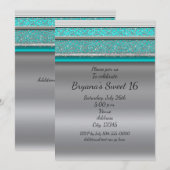 Aqua Turquoise Blue & Silver Sweet 16 Uitnodiginge Kaart (Voorkant / Achterkant)